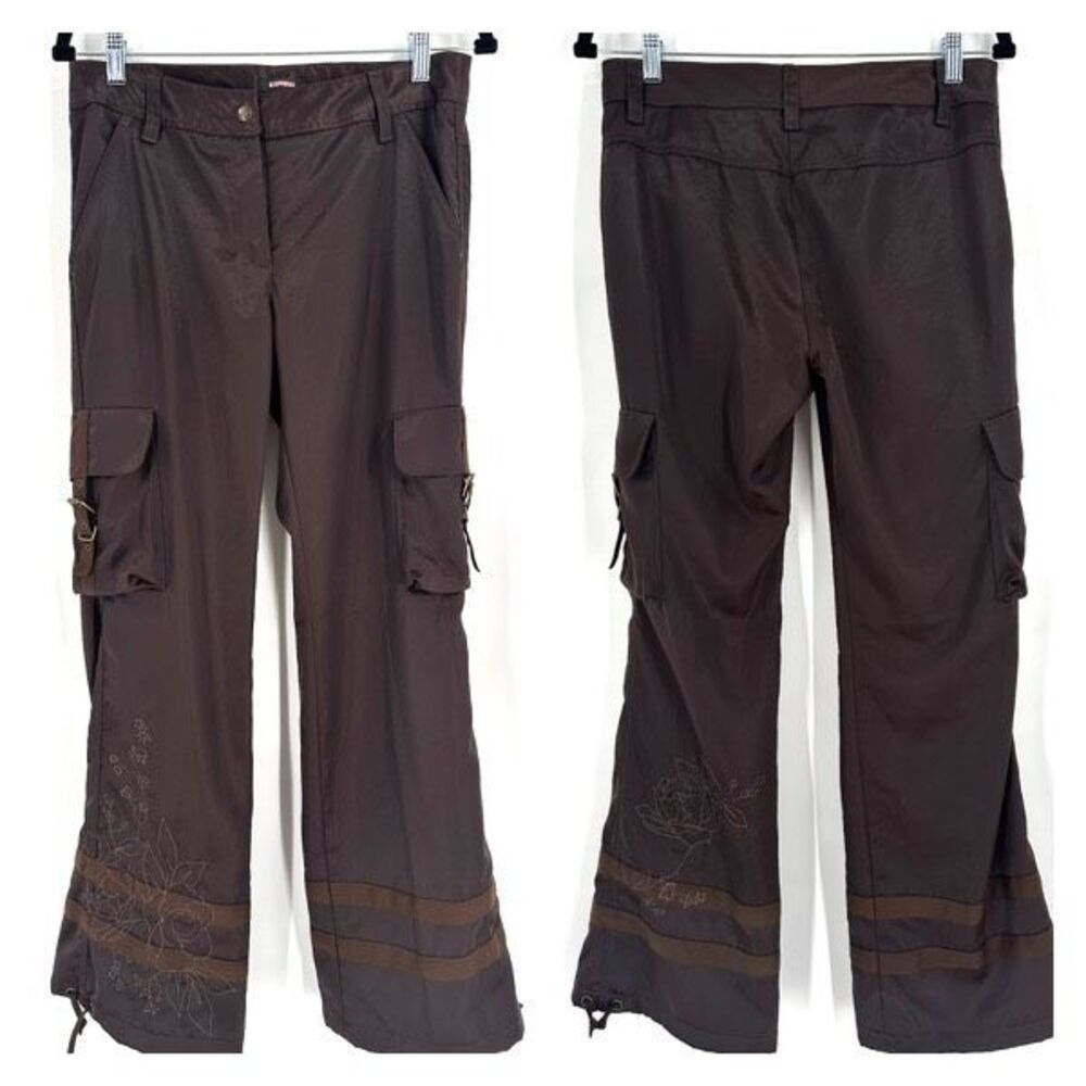 Y2K Express Cargo Floral Embroidered Wide‎ Leg Pants Brown Size 4 Satin VTG